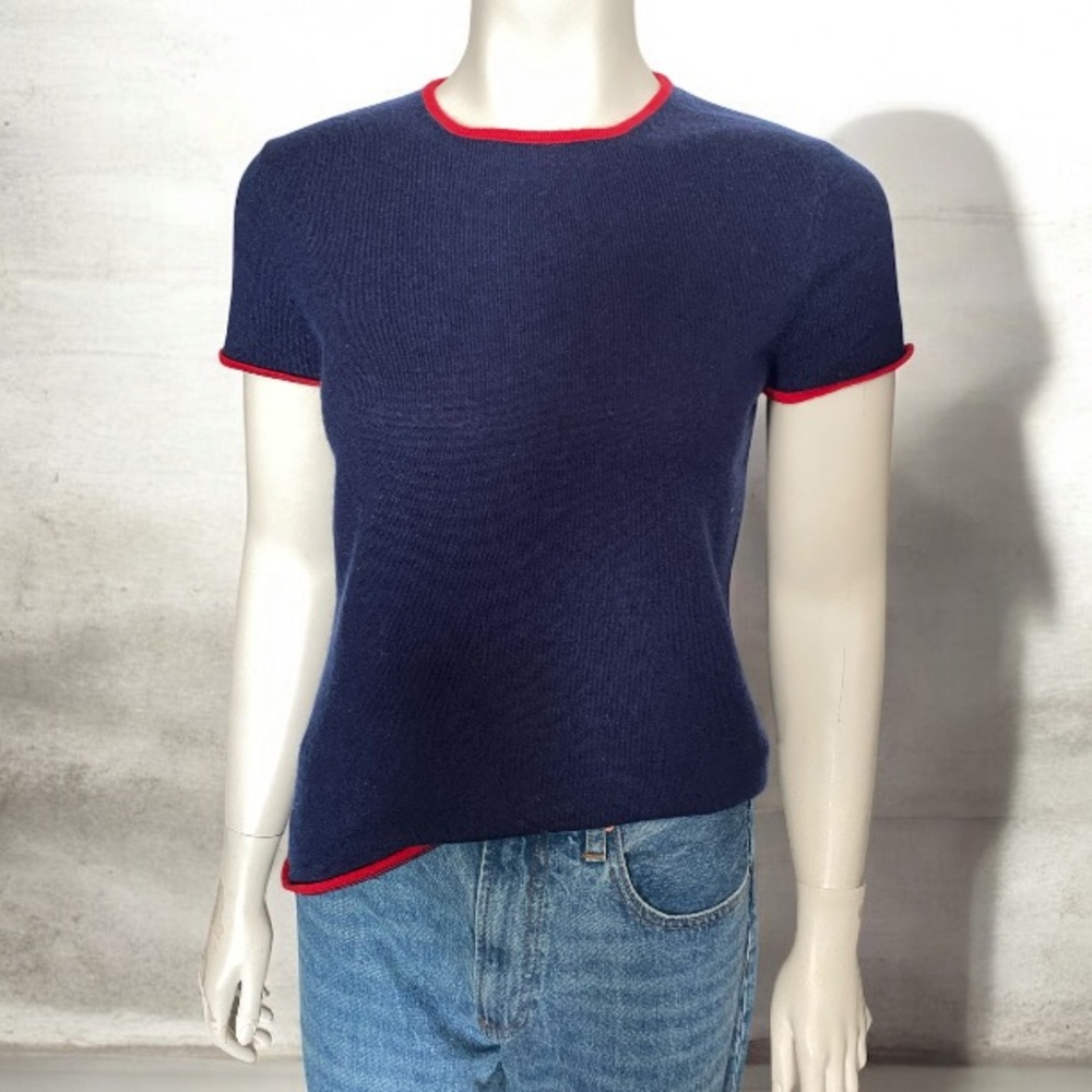 Holt Renfrew Silk Cashmere Blend Blue Women's Top with Red Trim Size M